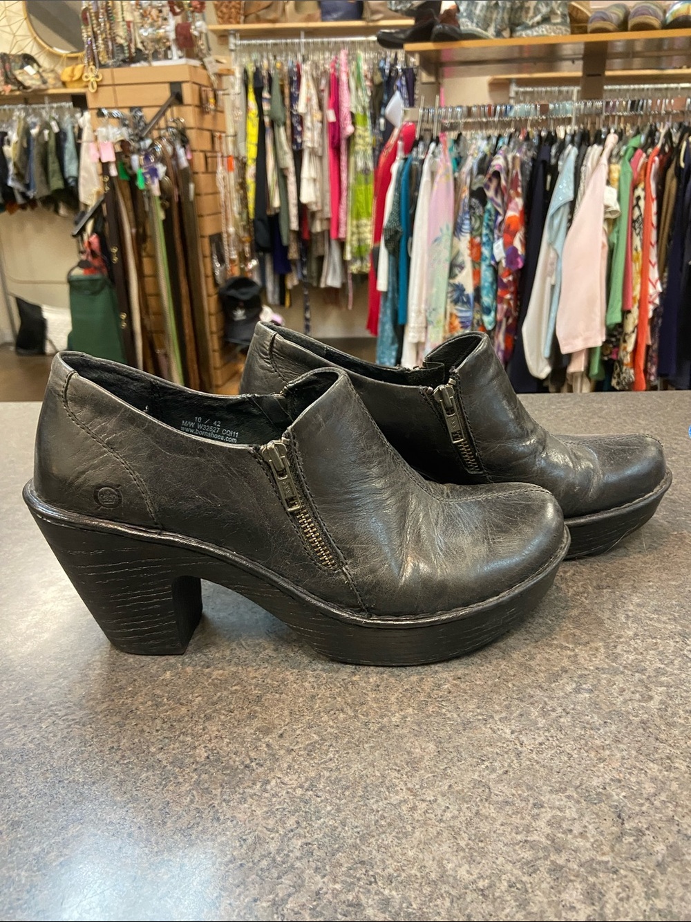 Born Black Leather Zip Platform Clogs